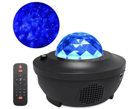 Black night light projector with blue LED display and remote control on a white background