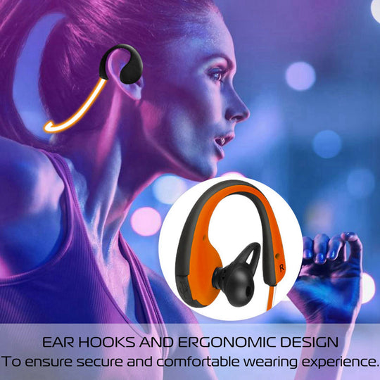 Woman wearing wireless earbuds with a focus on ear hooks and ergonomic design, set against a blurred colorful background.