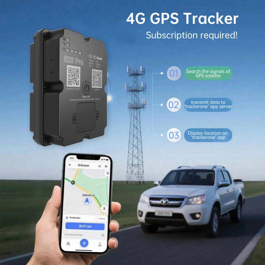 4G GPS Tracker with smartphone app and vehicle on a road