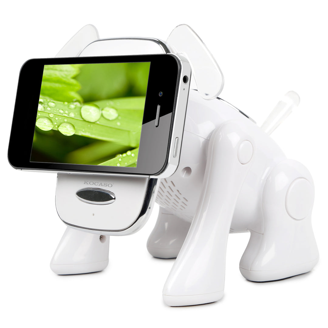 White electronic device with a screen displaying greenery on a white background