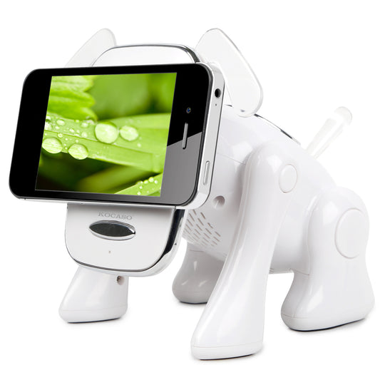 White electronic device with a screen displaying greenery on a white background