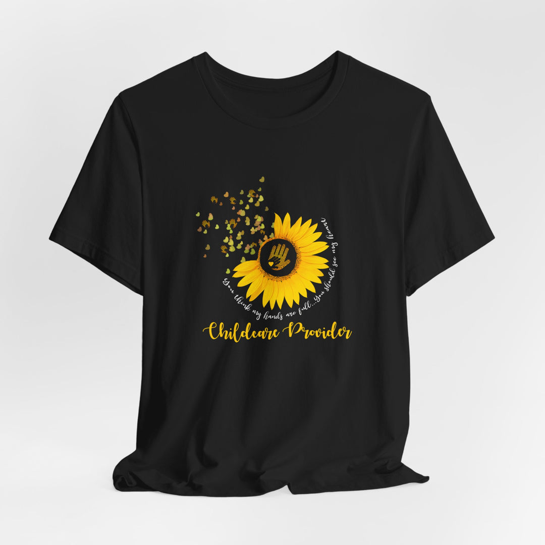 Black t-shirt with a yellow sunflower graphic and text on a white background