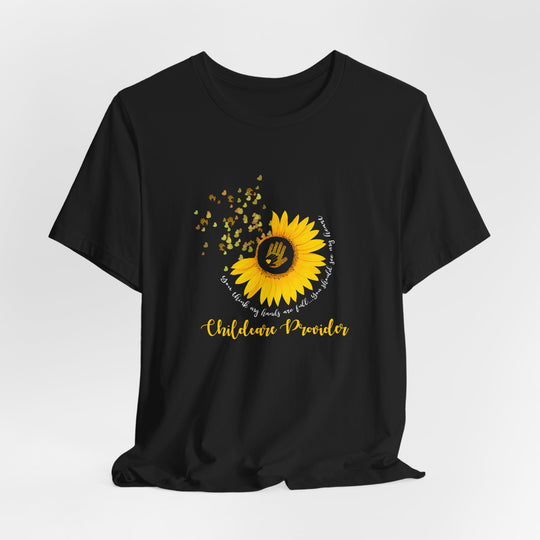 Black t-shirt with a yellow sunflower graphic and text on a white background