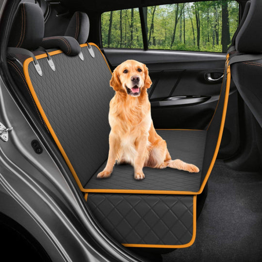 Dog sitting on a car seat cover in a vehicle with a forest view outside.