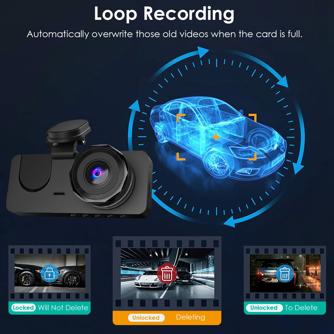 Car dashboard camera with loop recording feature illustration on a dark background