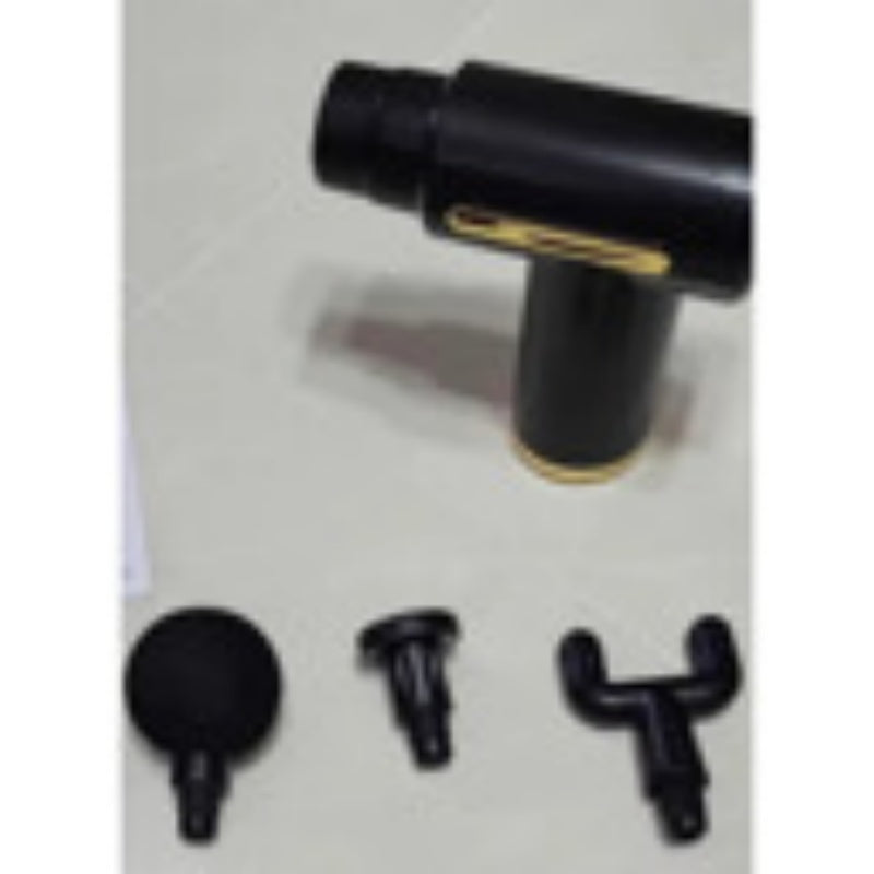 Mini USB rechargeable portable massage gun by SuperFamilyUSA for muscle relief, shown with attachment heads and compact design.