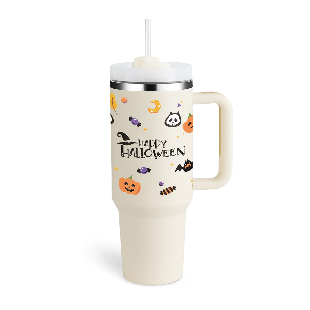 White tumbler with Halloween-themed design and &