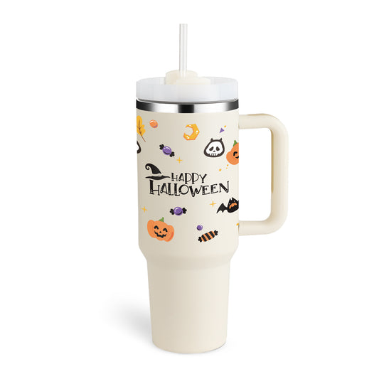 White tumbler with Halloween-themed design and &