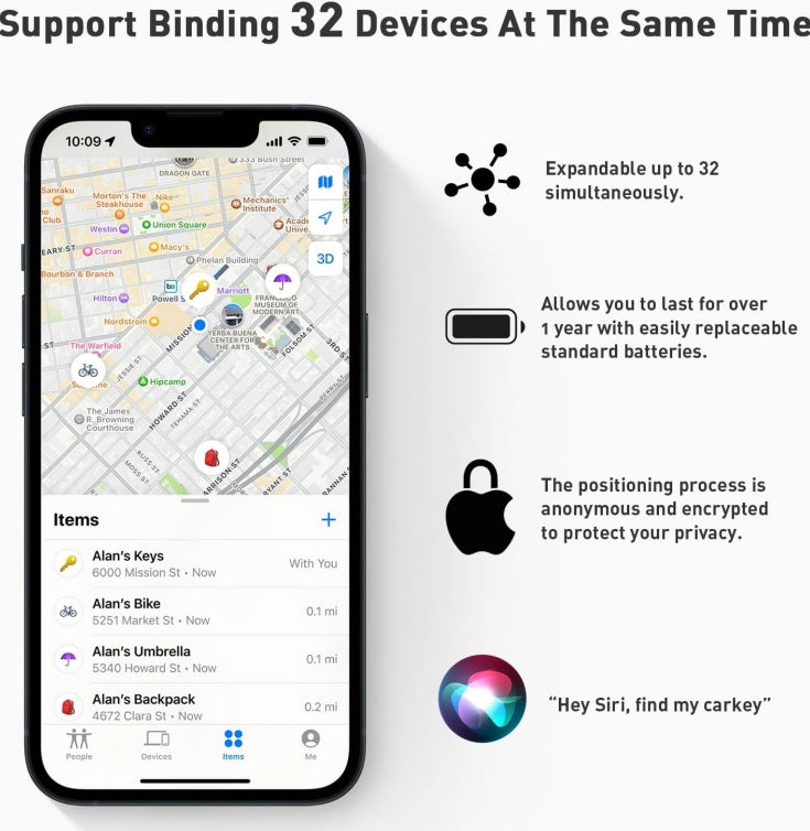 Smartphone app interface with map and list on a white background, featuring text about device support and features.