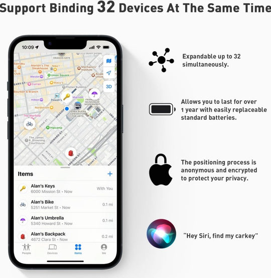 Smartphone app interface with map and list on a white background, featuring text about device support and features.