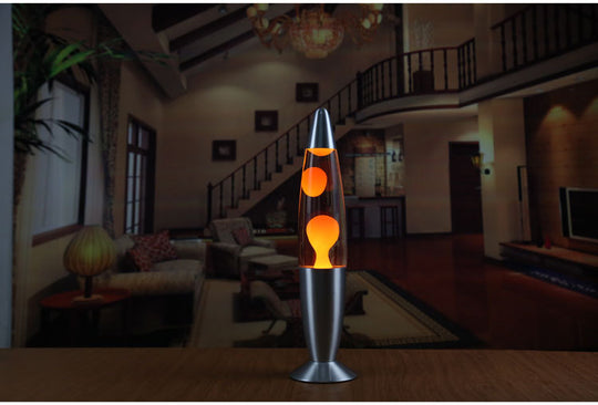 Lava lamp on a table with a room in the background