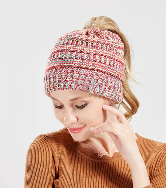 Knit Ponytail Beanie Hat for Women