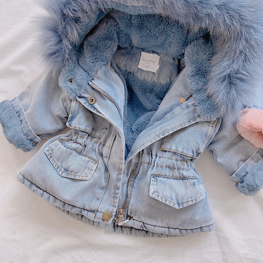 Cozy Denim Fur-Lined Jacket for Girls (Blue &amp; Pink)