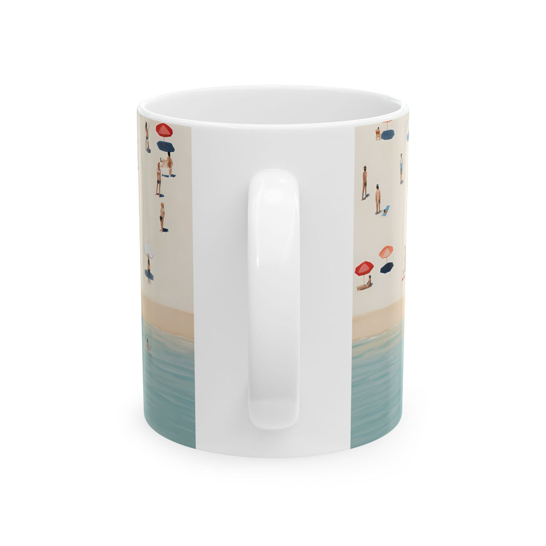 White mug with beach-themed design on a white background