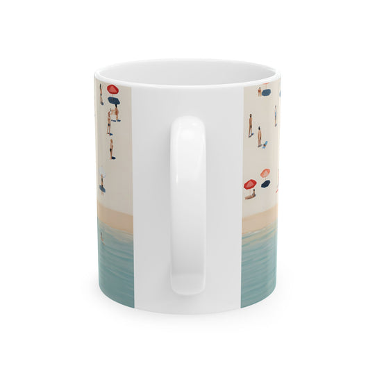White mug with beach-themed design on a white background