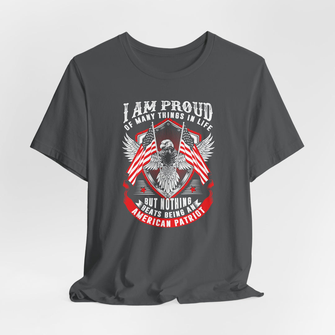 Gray t-shirt with American flag and eagle design on a white background