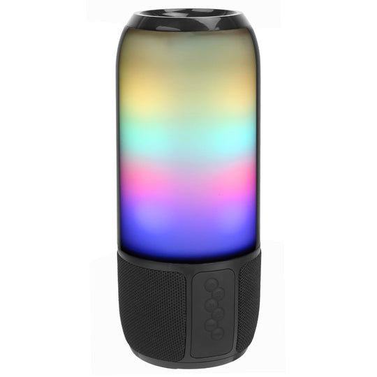 Colorful Bluetooth speaker with a black base on a white background