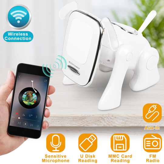 White wireless earbuds with charging case and smartphone app on a light surface.