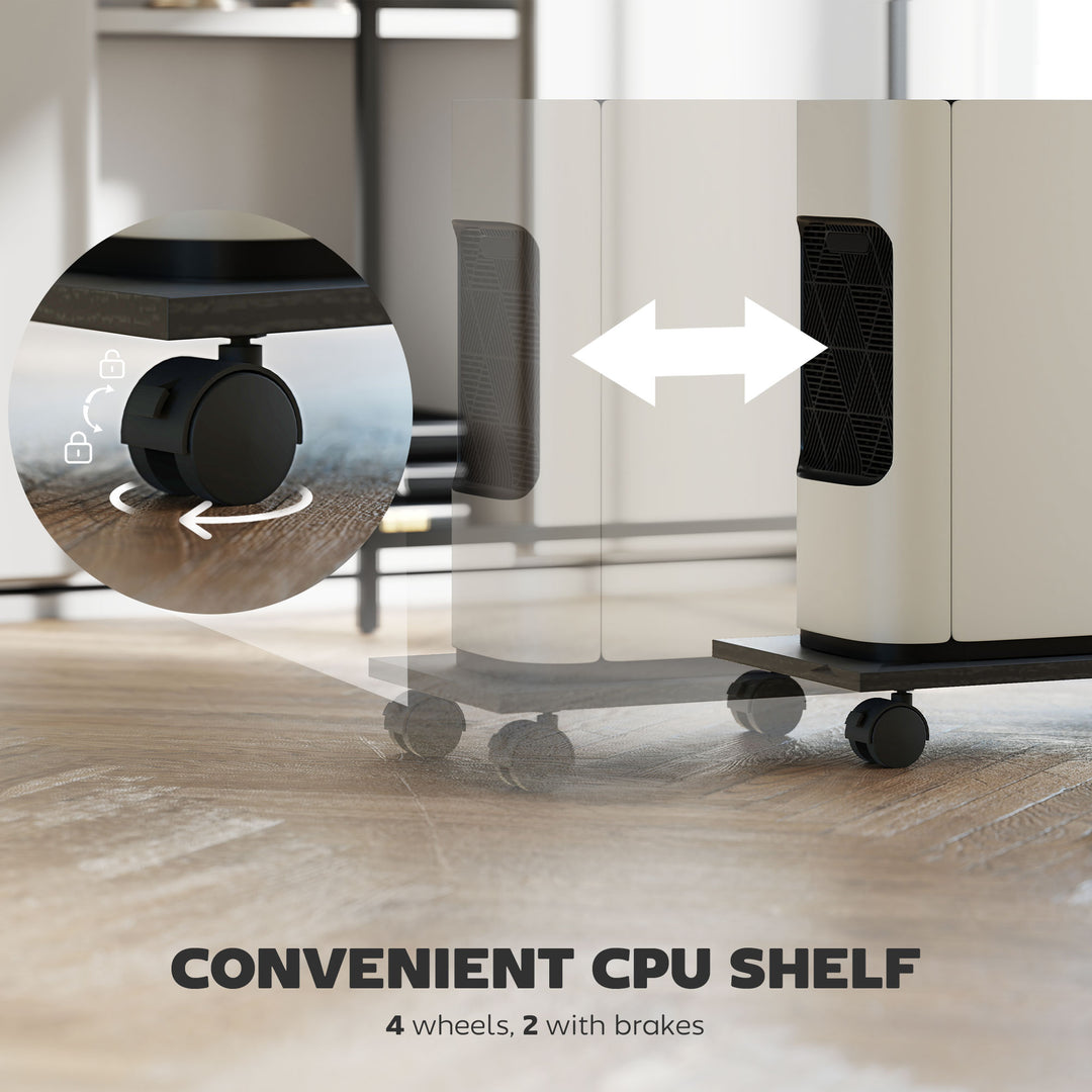 CPU shelf with wheels on a wooden floor, showing convenience and mobility.