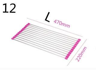 Set of metal rods with pink ends and measurements on a white background