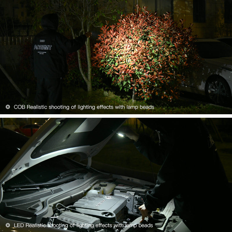 Top image shows a person pointing at a bush with a light on, bottom image shows a car engine with a person working on it.