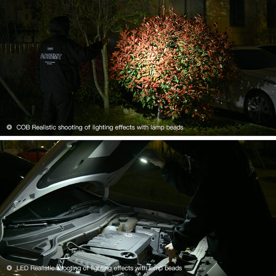 Top image shows a person pointing at a bush with a light on, bottom image shows a car engine with a person working on it.
