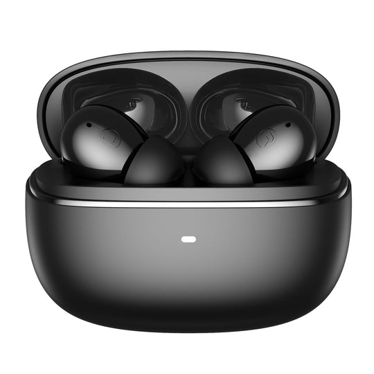 Black wireless earbuds in a charging case on a white background