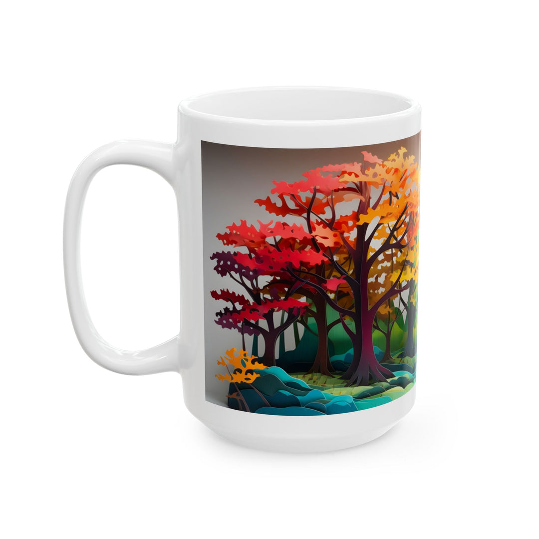 Mug with a colorful forest design on a white background