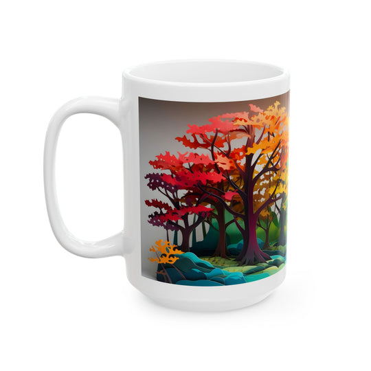 Mug with a colorful forest design on a white background
