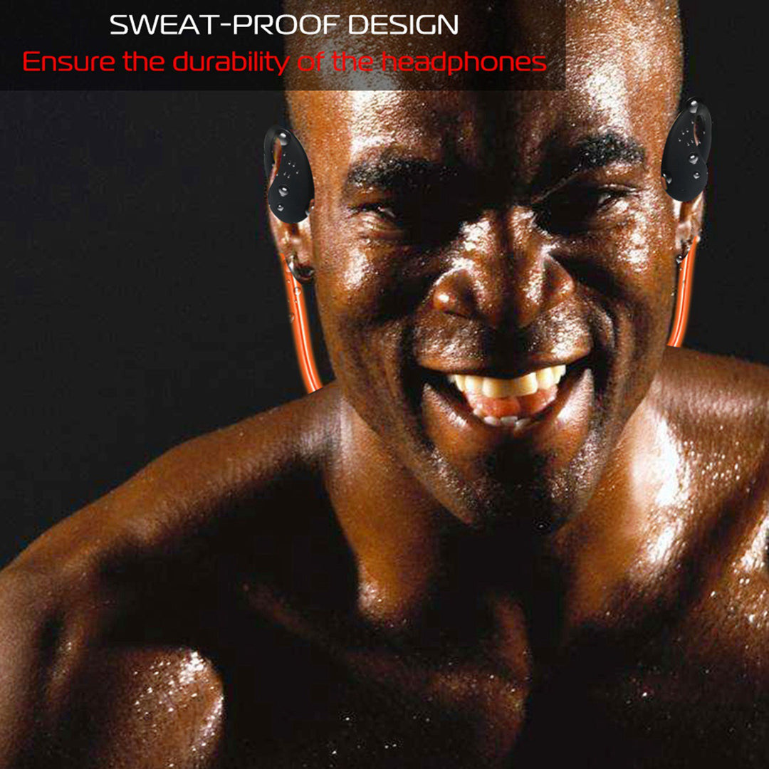 Person wearing wireless earbuds with text about sweat-proof design on a dark background