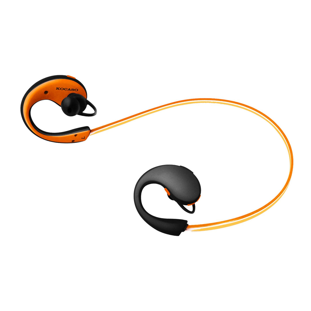 Orange and black wireless earbuds on a white background
