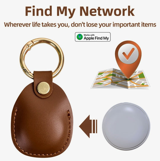 Brown leather keychain device with Apple Find My logo and map icon on a white background