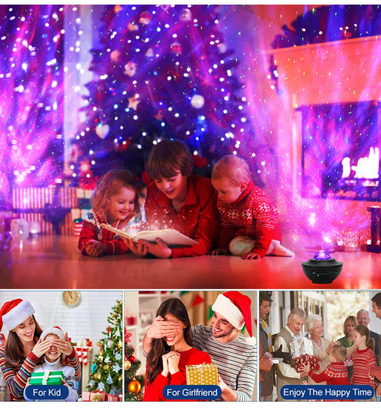 Family gathered around a Christmas tree with colorful lights and a small lamp on a table.