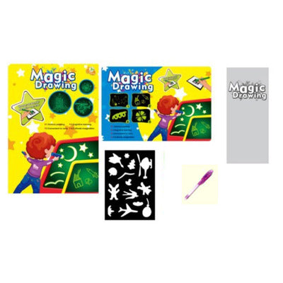 Magic Drawing kit with packaging, stencil, and pen on a white background