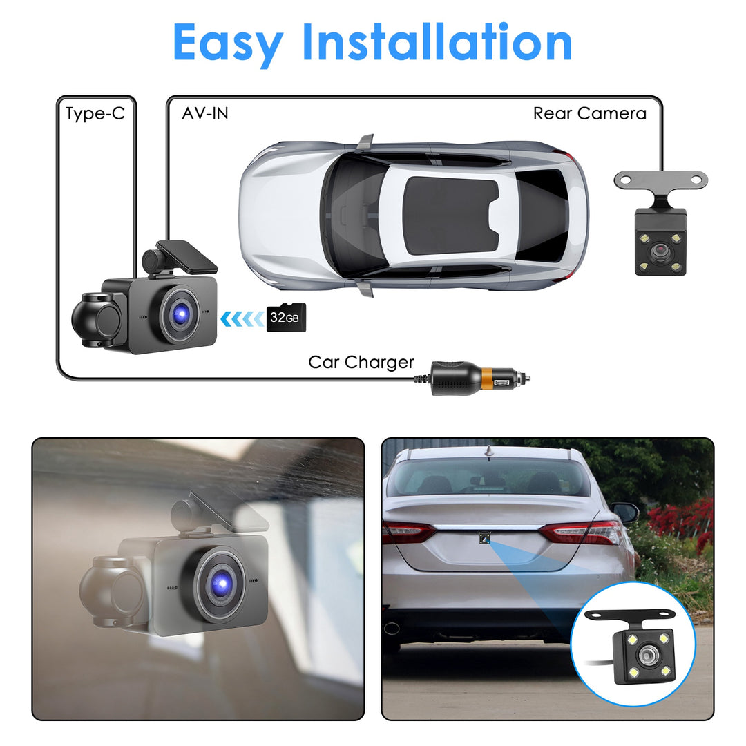 3-Channel 1080P WiFi Dash Cam with 32GB Card