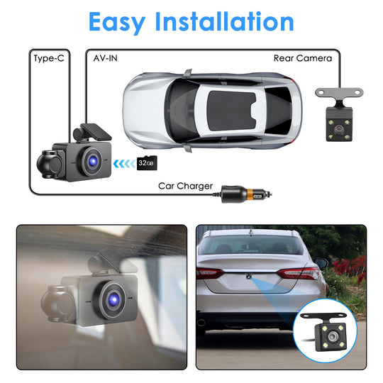 3-Channel 1080P WiFi Dash Cam with 32GB Card