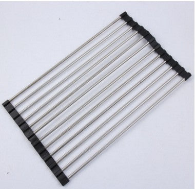 Metal drying rack with black plastic ends on a white background