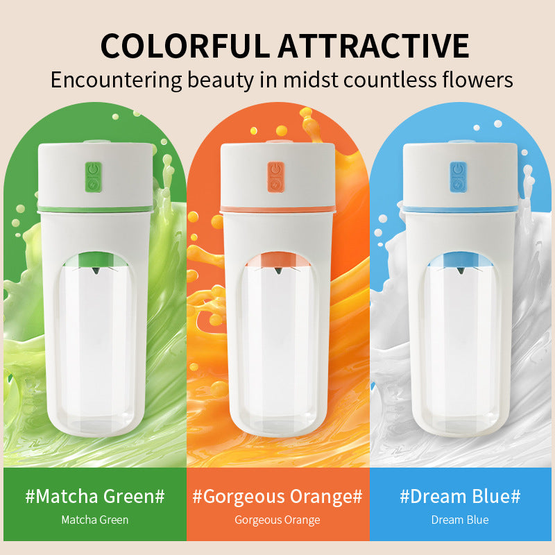 Three colorful water bottles with labels 'Matcha Green', 'Gorgeous Orange', and 'Dream Blue' on a floral background.