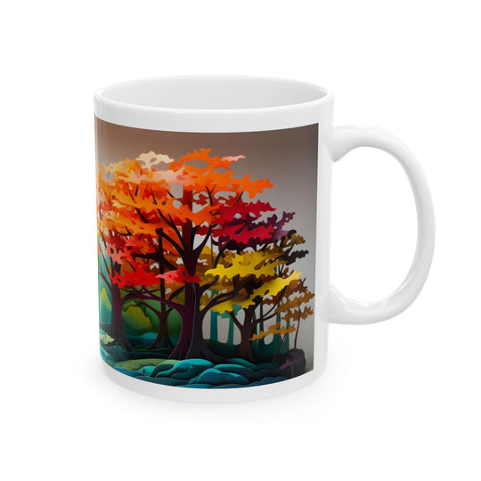 White mug with a colorful autumn tree design on a white background