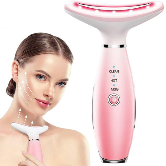 Pink facial cleansing device with a woman using it on a white background