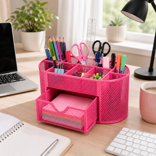 Metal Mesh Desk Organizer with 9 Compartments &amp; Drawer