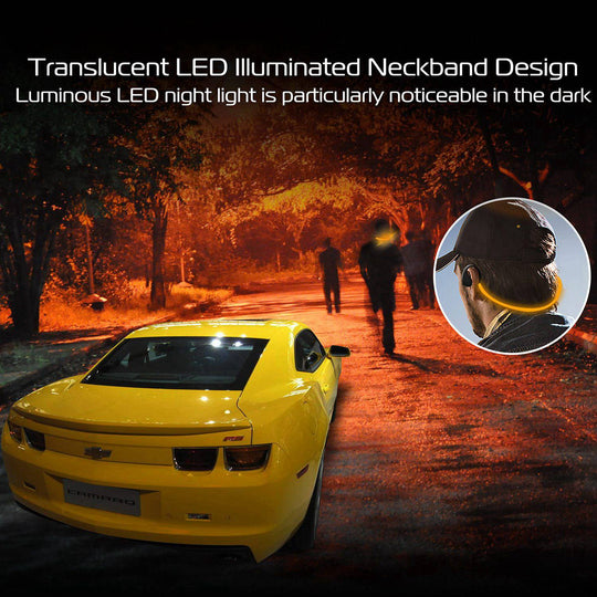 Yellow car on a road with people walking in the dark, highlighting a translucent LED illuminated neckband.
