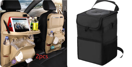 Car organizer with tablet holder, drink bottles, and a black insulated lunch bag.