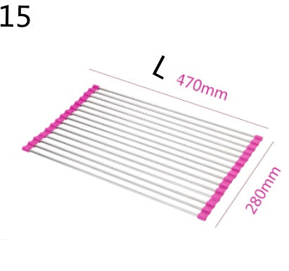 Metal grid with pink clips and measurements on a white background