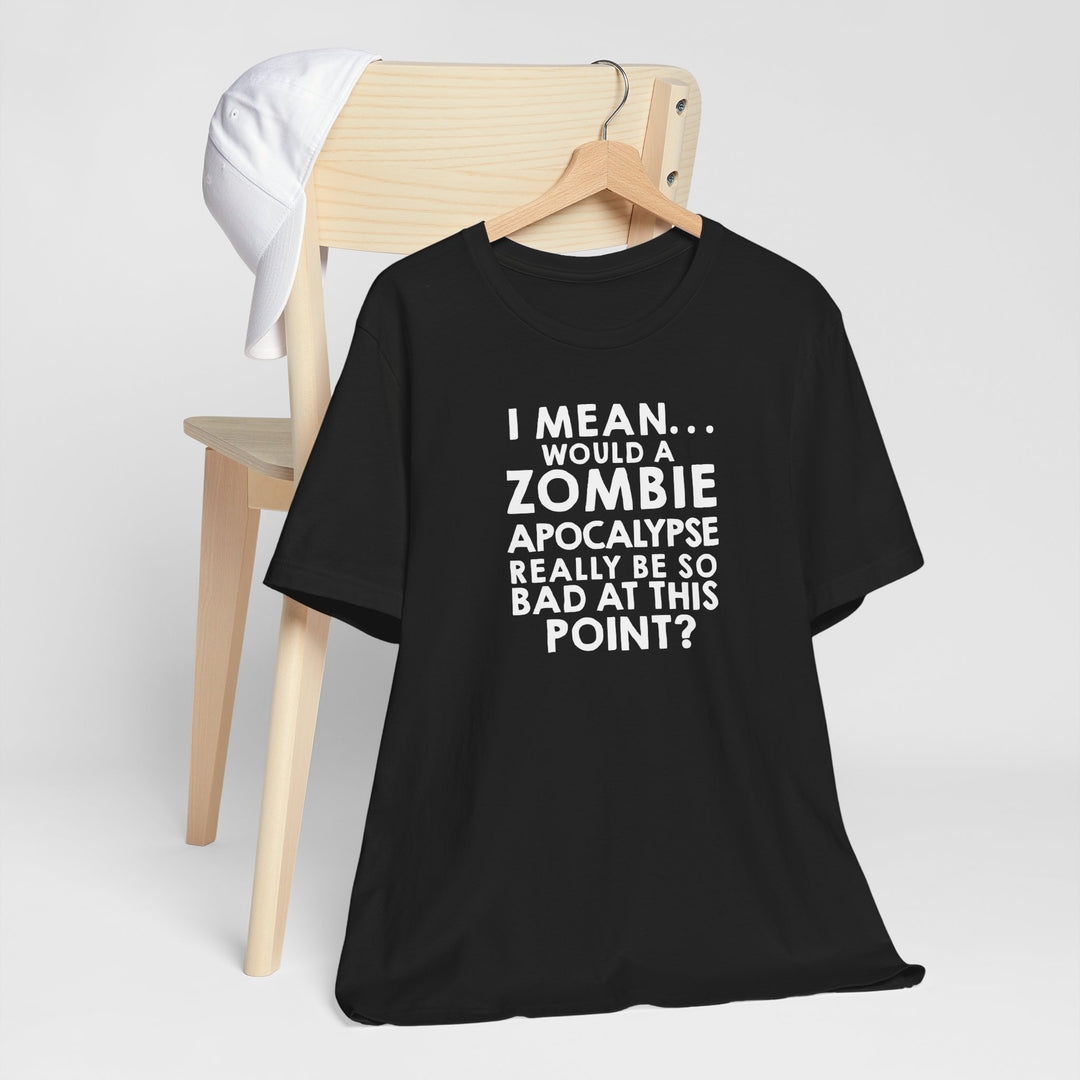 Black t-shirt with humorous text design on a white background