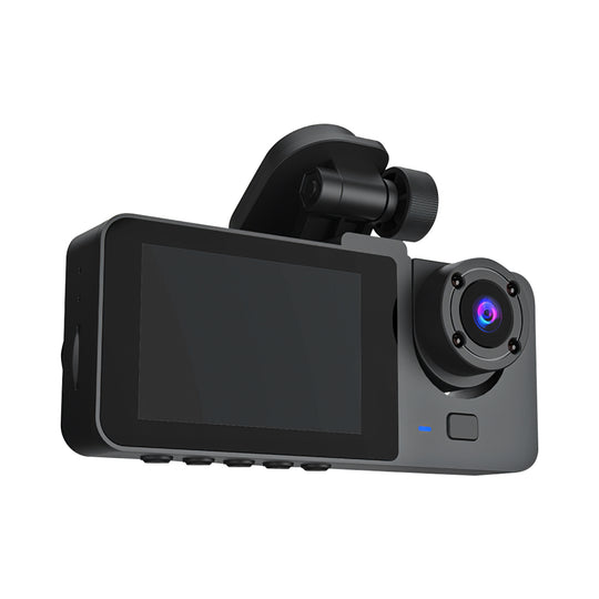 Black car dashboard camera with screen and lens on a white background