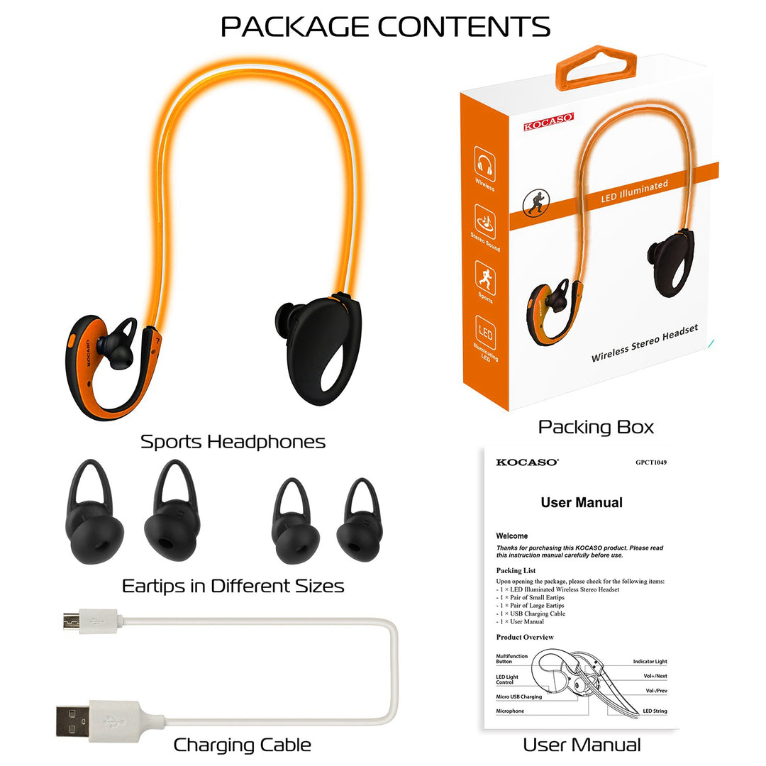 Package contents of sports headphones with earbuds, charging cable, and user manual on a white background.