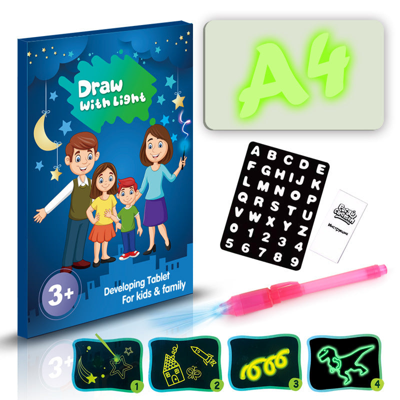 Light-up drawing tablet set with pen, letters, numbers, and symbols on a white background