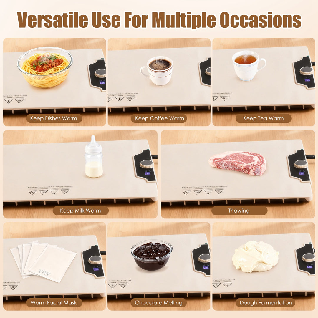 Collage of a portable heating pad used for various purposes on a wooden surface.