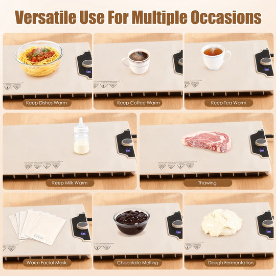 Collage of a portable heating pad used for various purposes on a wooden surface.